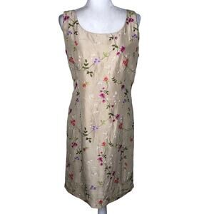 Vtg 100% Silk Embroidered Sleeveless Shift Dress Tan Sz: 12 Beaded Floral